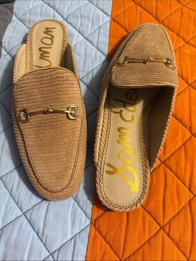 Sam Edelman Tan Corduroy Backless Loafer Mules with Gold Bit